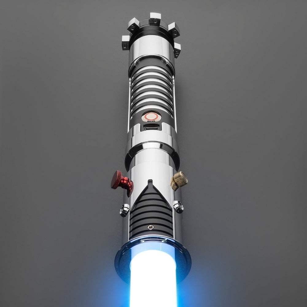 Replica lightsaber with blue blade inspired by Luke Skywalker, chrome and black hilt detailing
