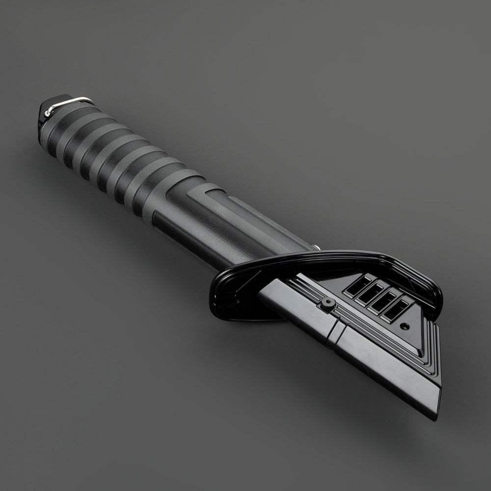 Kylo Ren inspired custom lightsaber hilt with black crossguard design on dark background