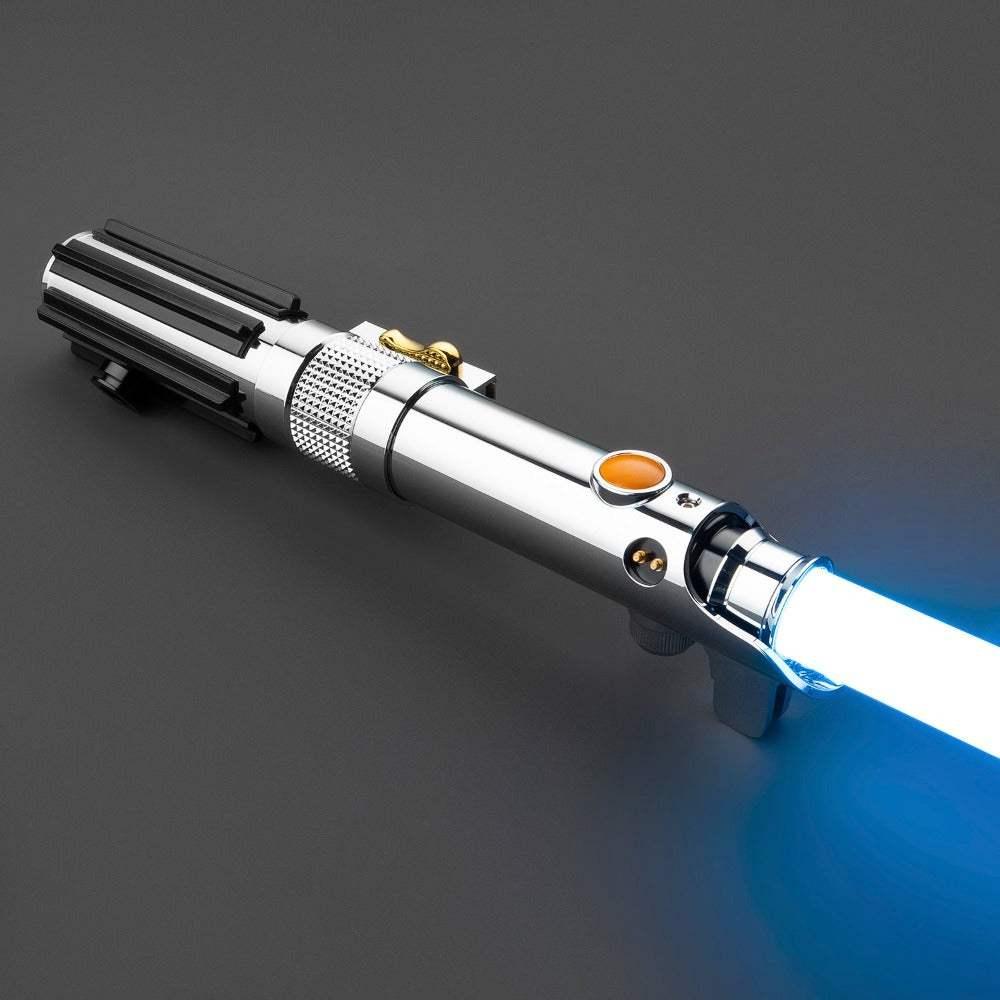Luke Skywalker inspired lightsaber with blue blade and chrome hilt on dark background