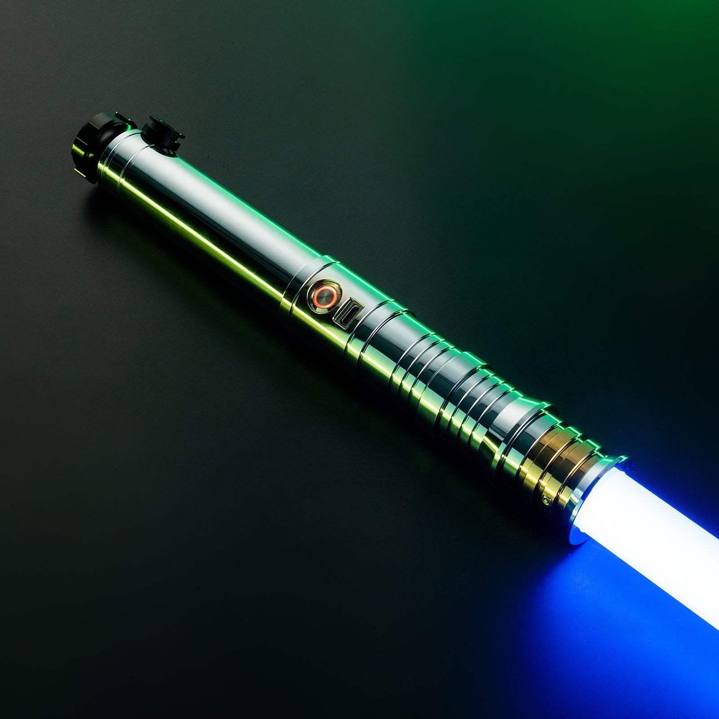 Luke Skywalker inspired lightsaber with metal hilt, illuminated blue blade on black background