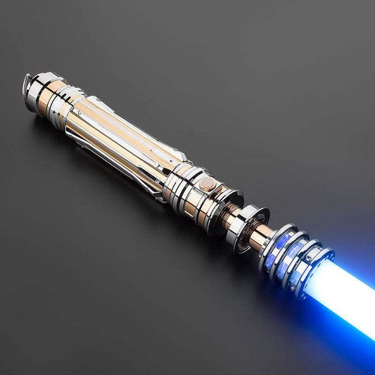 Obi-Wan Kenobi-inspired custom lightsaber with chrome and gold hilt, blue Neopixel blade