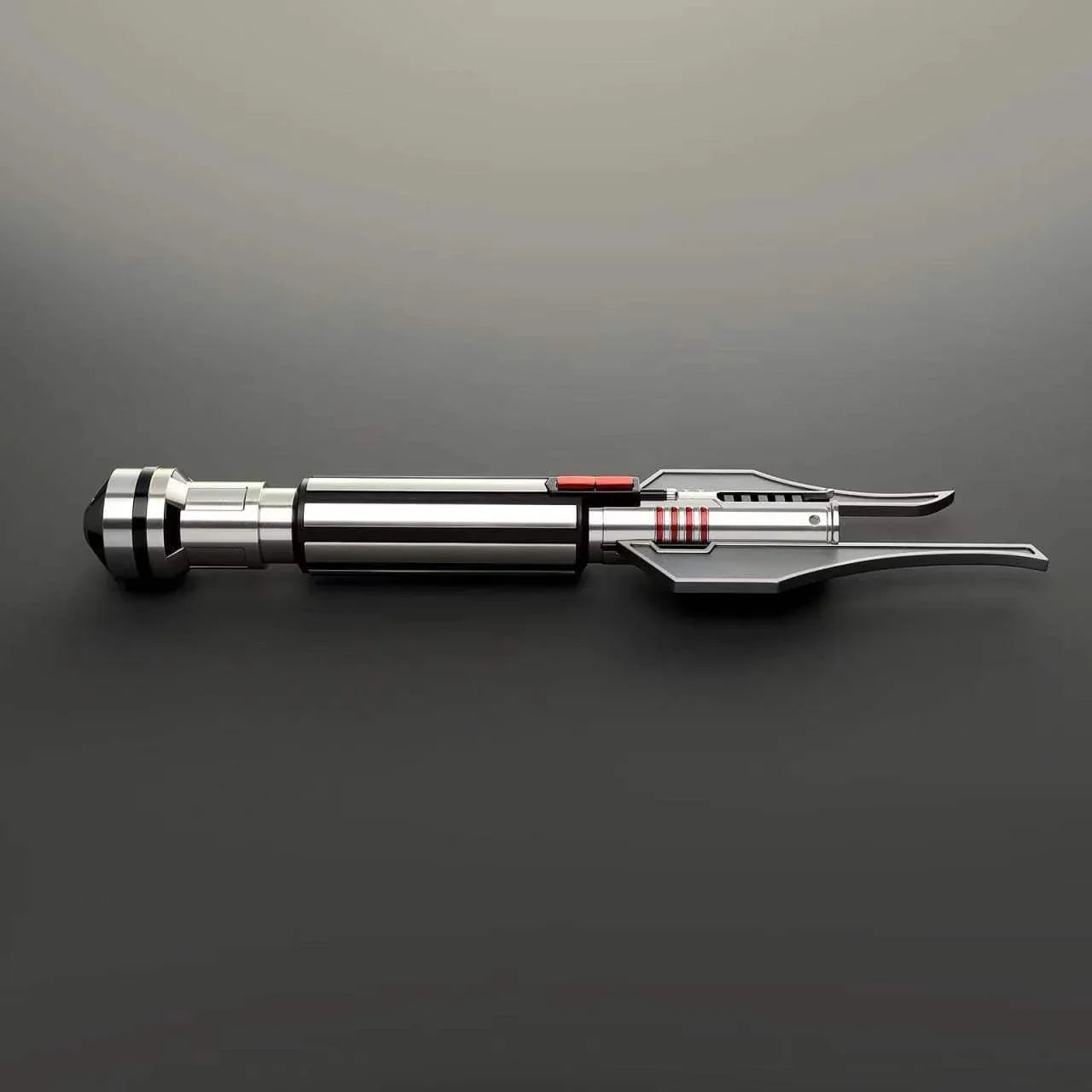 Kylo Ren inspired custom lightsaber hilt with Neopixel tech, metallic and black design, flat lay