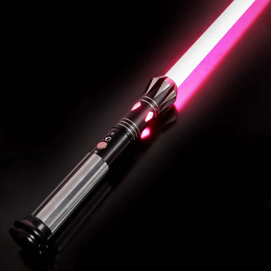 Darth Vader inspired red Neopixel lightsaber with black and silver hilt on black background