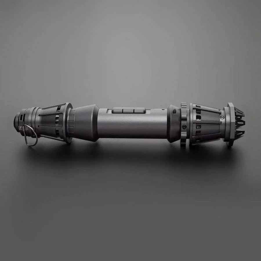 Kylo Ren double-bladed lightsaber hilt with detailed black metal design on gray background
