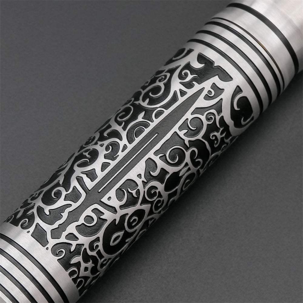 Acid-etched lightsaber hilt inspired by Darth Maul, detailed black and silver pattern