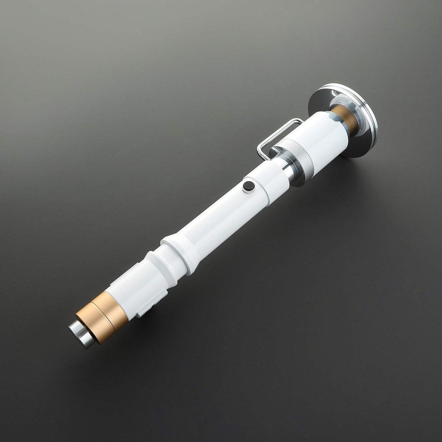 Custom lightsaber hilt inspired by Obi-Wan Kenobi, white and gold design on black background