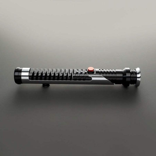 Lightsaber hilt inspired by Darth Vader, black and silver design, on a plain surface