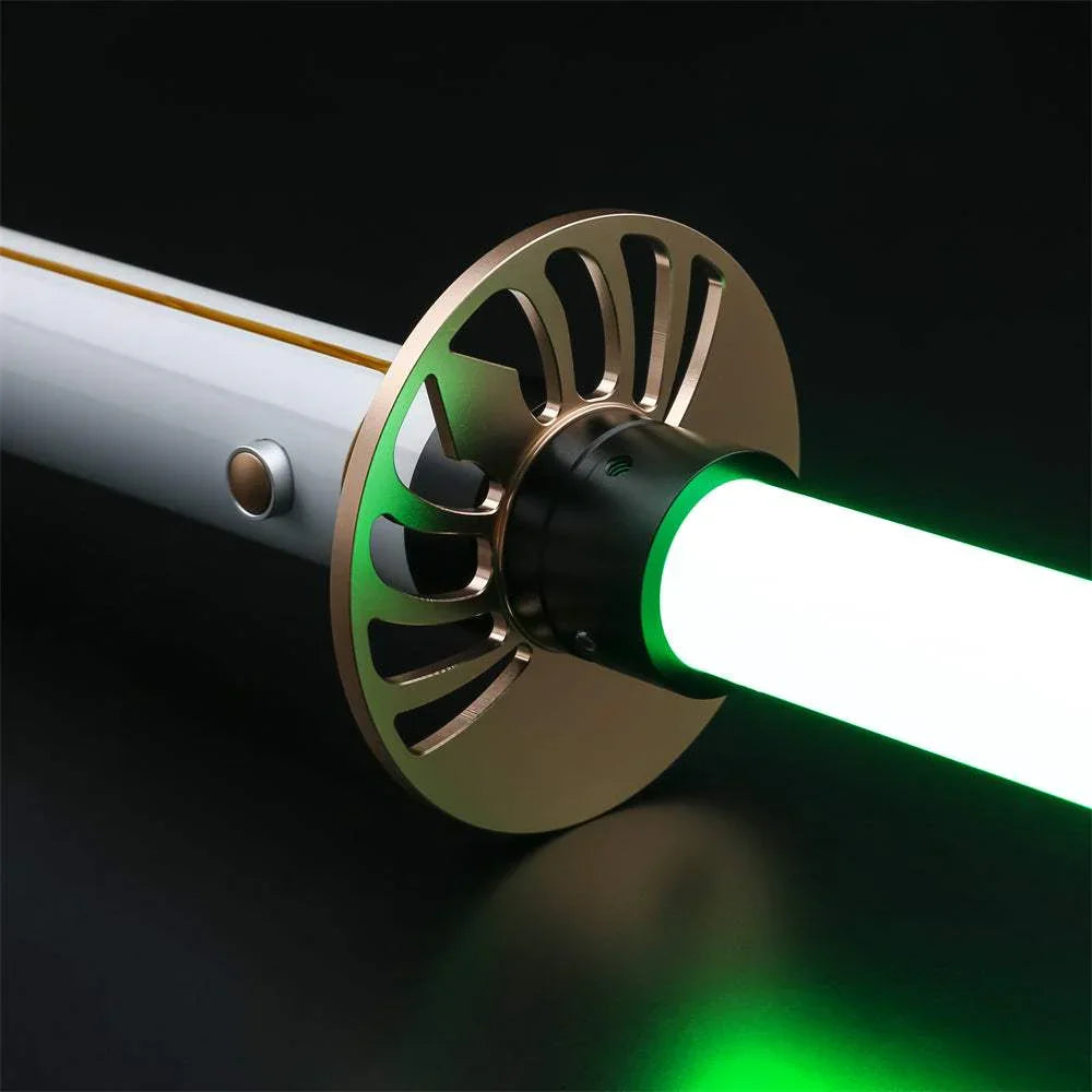 Custom lightsaber with green blade inspired by Star Wars Jedi Temple Guard design, close-up view