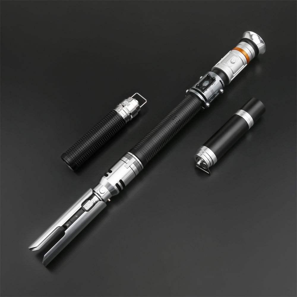 Cal Kestis lightsaber hilt replica with black grip, silver accents, and Neopixel tech parts