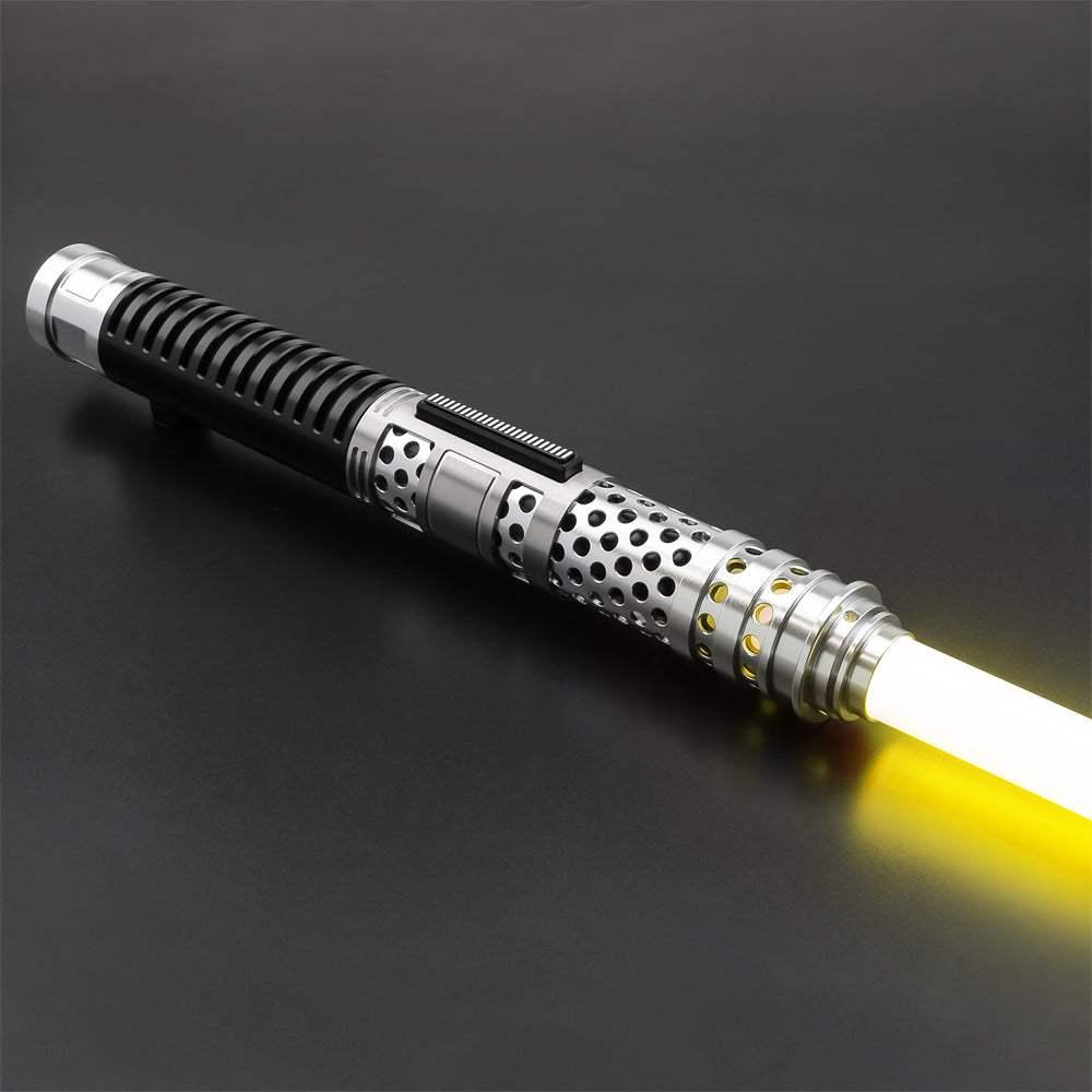 Custom yellow lightsaber inspired by Sabine Wren, silver hilt with perforated metal accents