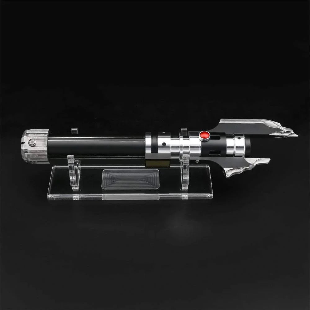 Custom lightsaber inspired by Kylo Ren with crossguard design on display stand against black background