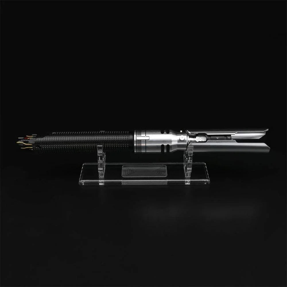 Custom lightsaber inspired by Kylo Ren's design, detailed hilt on display stand