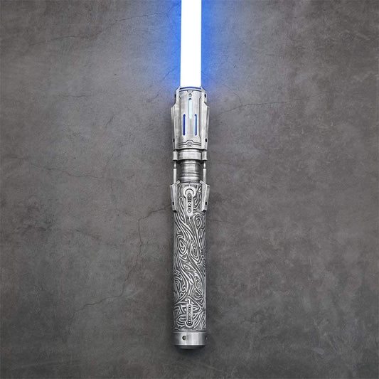 Custom lightsaber inspired by Ezra Bridger with blue blade and acid-etched metal hilt on gray background