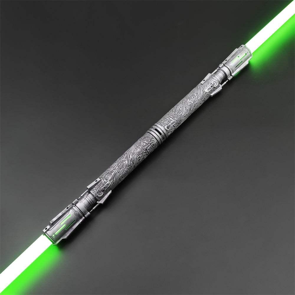 Double-bladed etched lightsaber staff inspired by Darth Maul, glowing green blades
