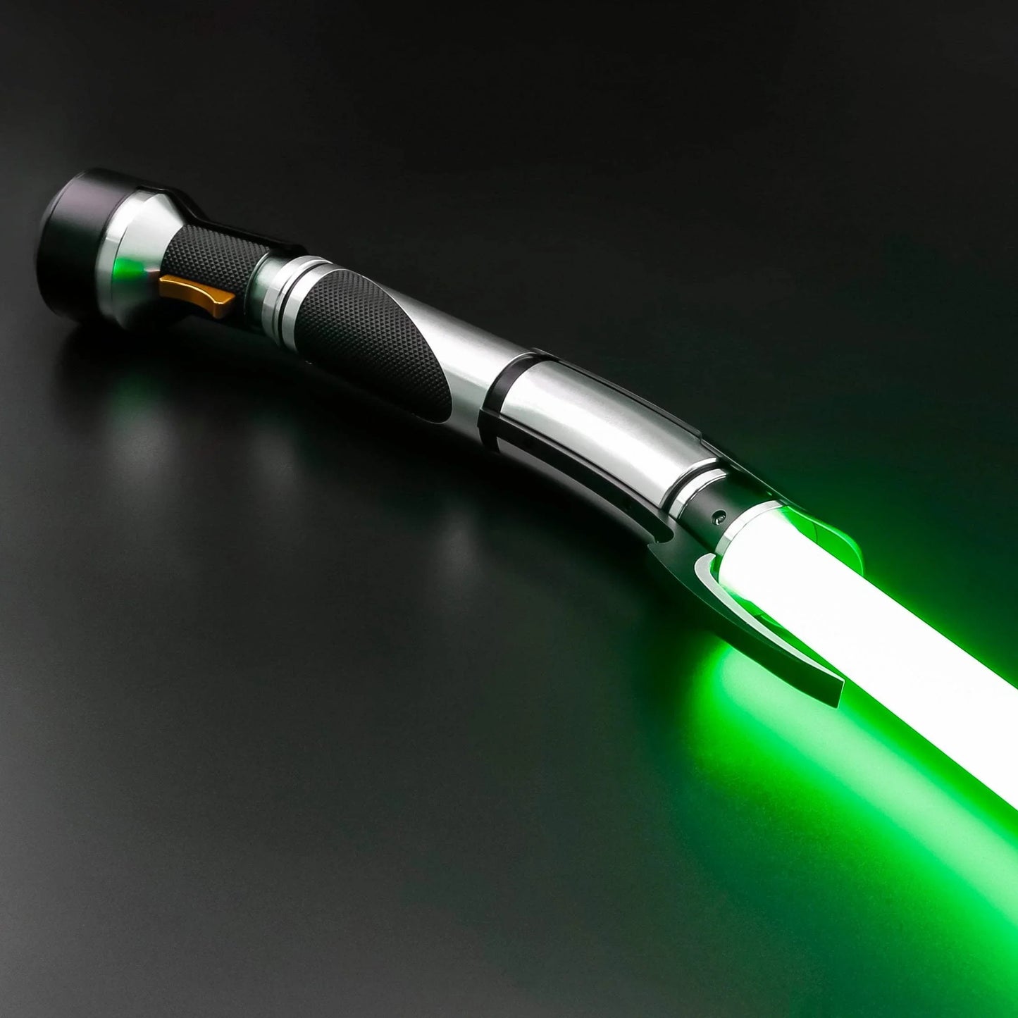 Green lightsaber inspired by Luke Skywalker with metallic hilt and illuminated blade