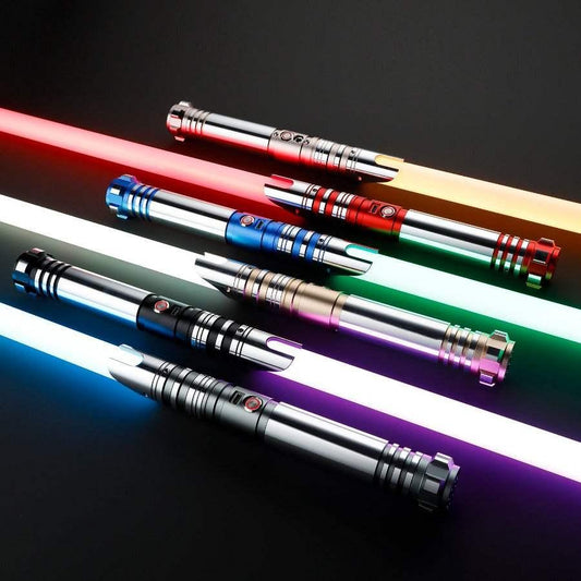 Five custom Neopixel lightsabers inspired by generic designs, not from a specific character, with illuminated blades in various colors on a black background.