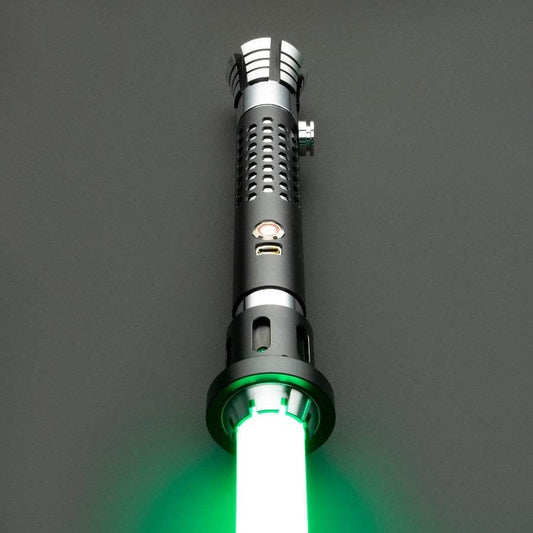 Replica of Luke Skywalker's green lightsaber hilt with illuminated green blade.