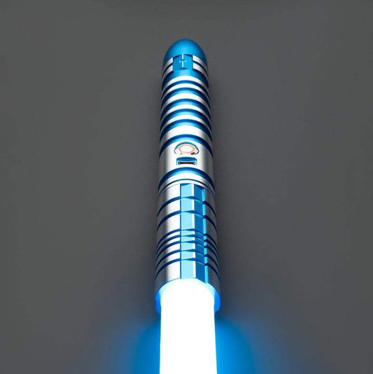 Ezra Bridger inspired blue lightsaber with metallic hilt and Neopixel blade on gray background