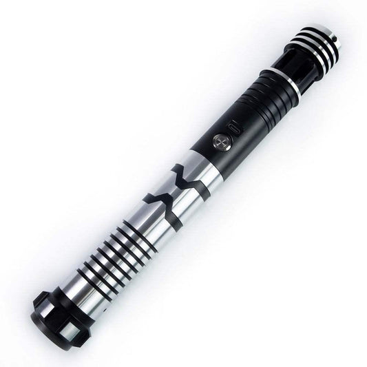 Silver and black custom lightsaber hilt inspired by Darth Maul with detailed grip design