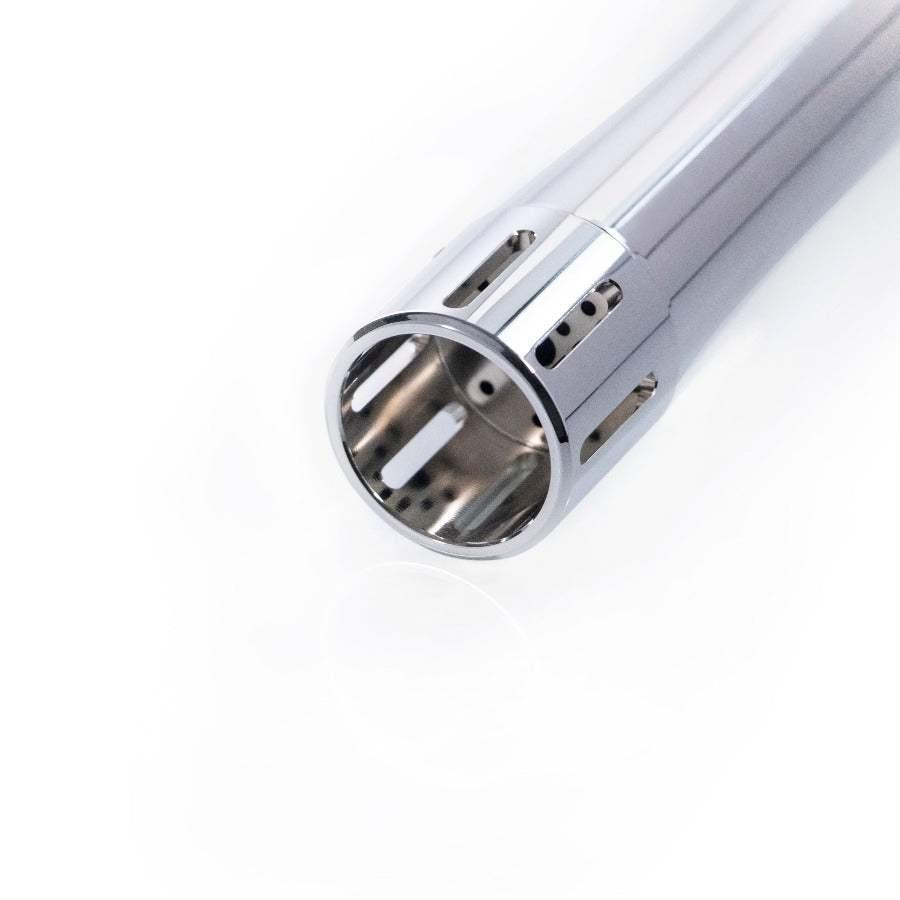Polished chrome custom lightsaber hilt inspired by Luke Skywalker, detailed vented emitter