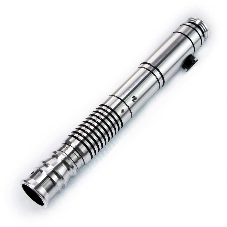 Silver lightsaber hilt inspired by Luke Skywalker, featuring black ring accents and ridged grip