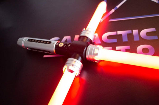 Custom crossguard red lightsaber inspired by Kylo Ren, glowing on a dark surface
