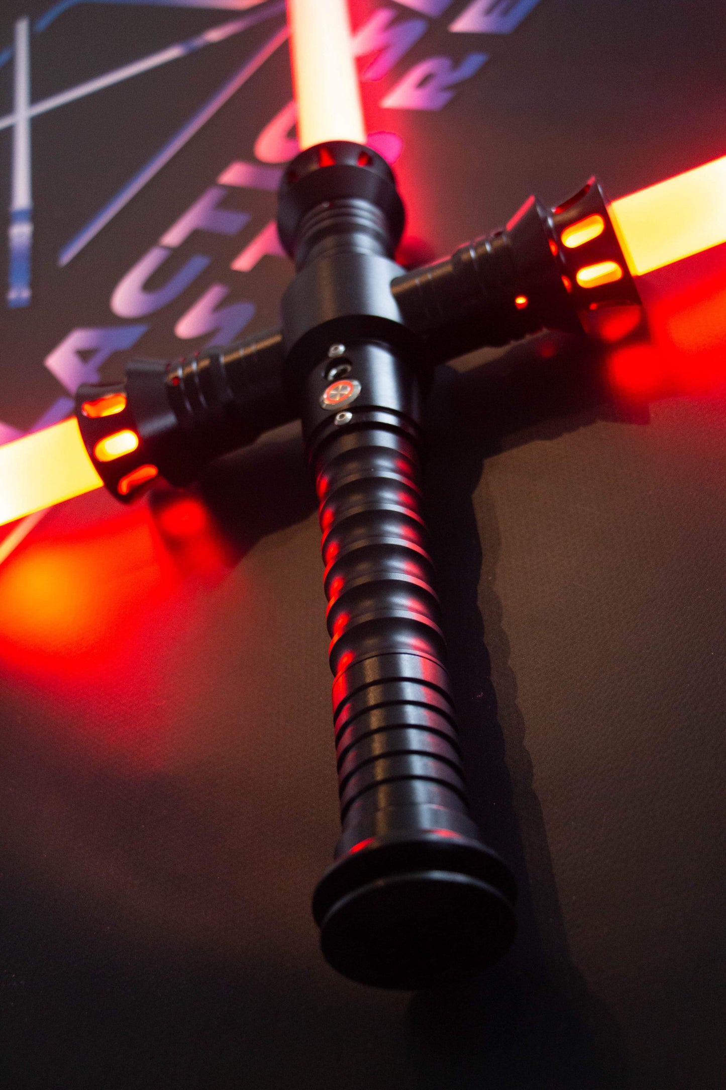 Kylo Ren crossguard lightsaber replica with red Neopixel blades and black hilt