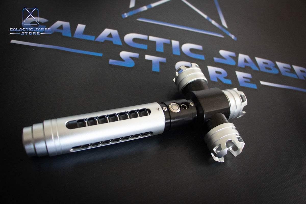 Crossguard lightsaber inspired by Kylo Ren with silver and black hilt, Neopixel ready