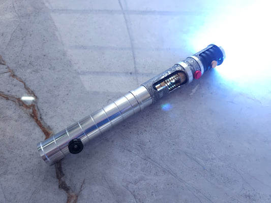 Custom Neopixel lightsaber with intricate acid etching, smooth swing audio, and blue blade, inspired by Luke Skywalker