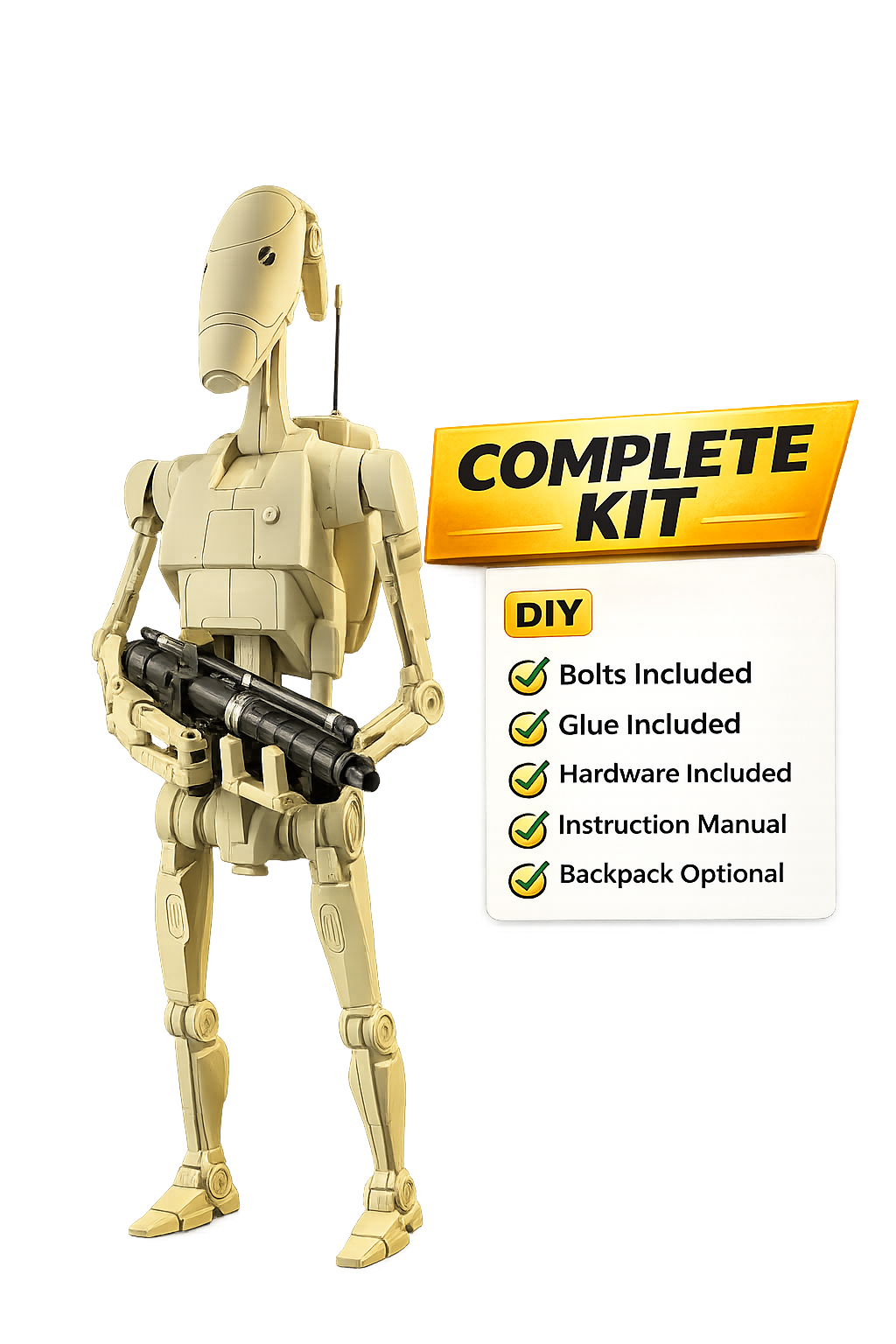 Battle Droid DIY Kit with Blaster, Complete Set Includes Bolts, Glue, Hardware & Manual